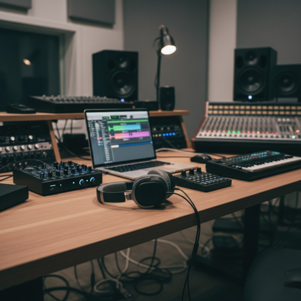 Wireless headphones in music production studio workspace google gemini prompt