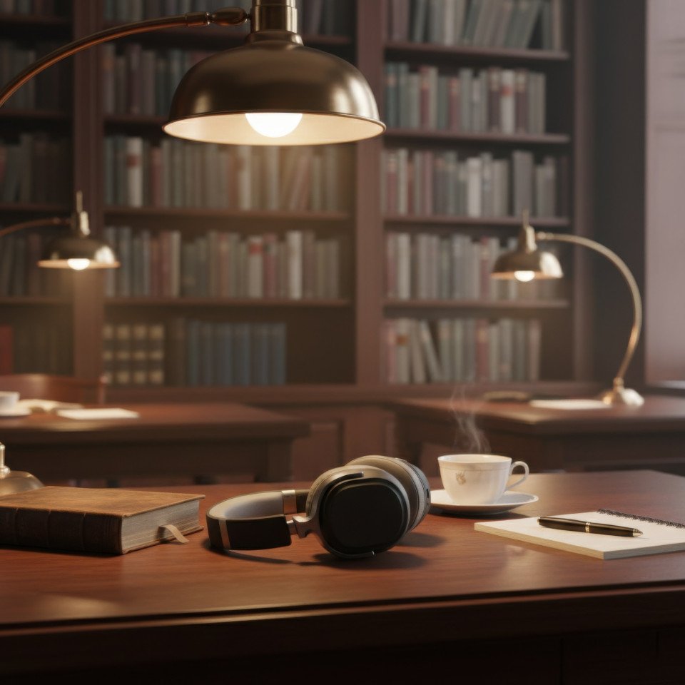 Wireless headphones on library desk focused study scene google gemini prompt