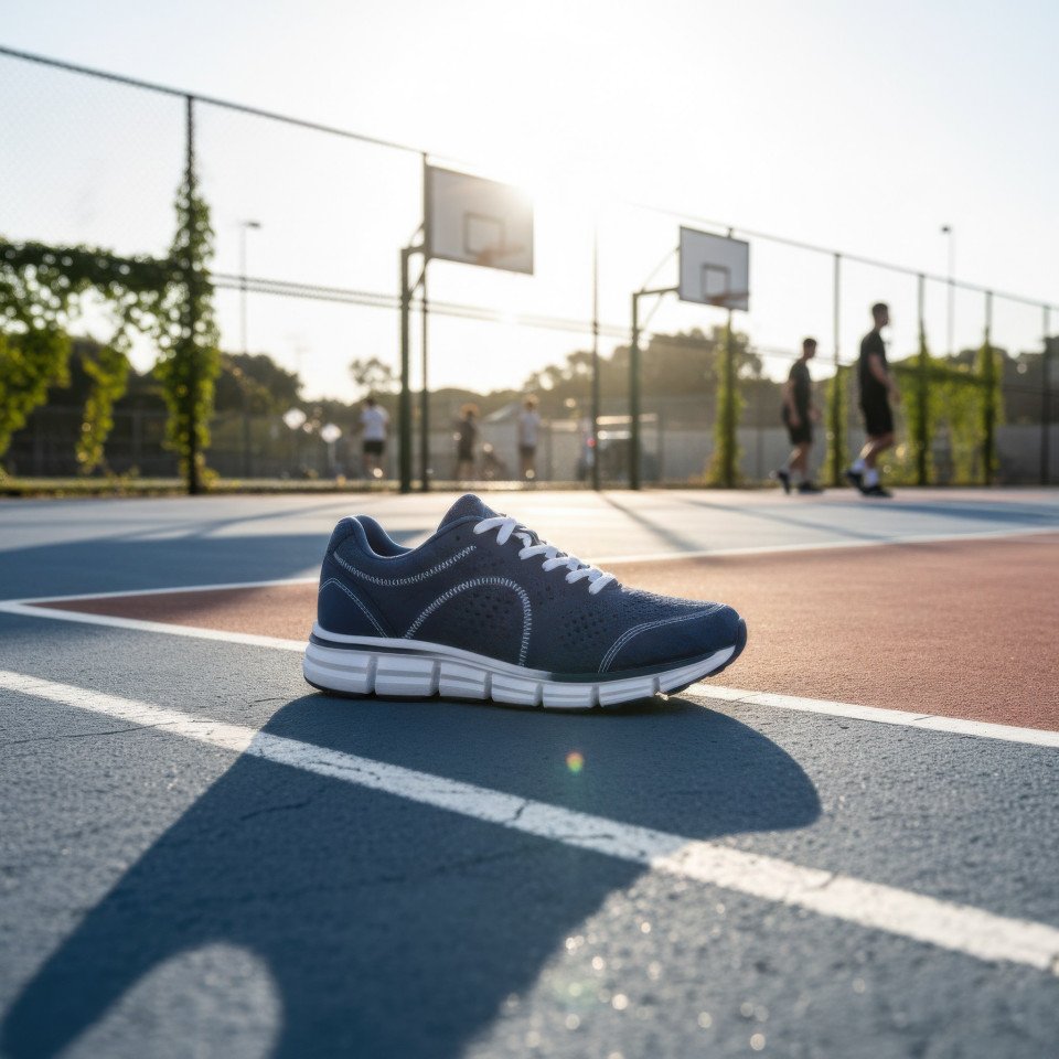 Sneakers on outdoor sports court action lifestyle scene google gemini prompt