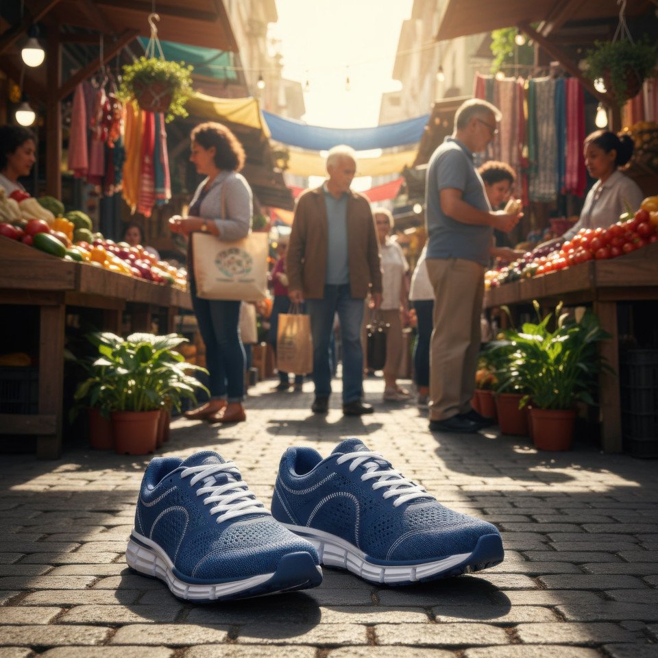 Casual sneakers at street market urban lifestyle scene google gemini prompt