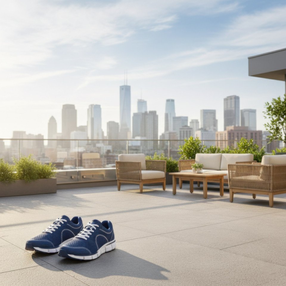 Sneakers on rooftop terrace in morning sun city lifestyle google gemini prompt