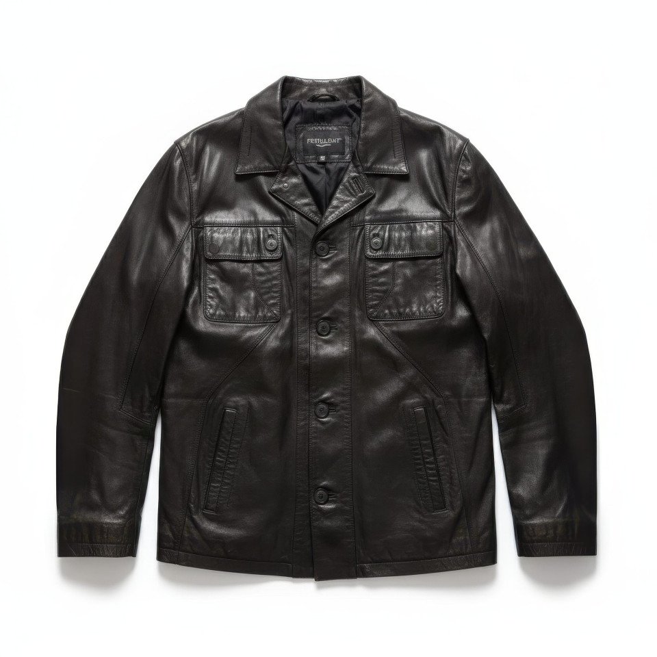 Leather jacket front view on white background google gemini prompt