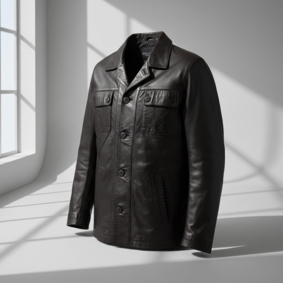 Leather jacket angled view on light gray background google gemini prompt