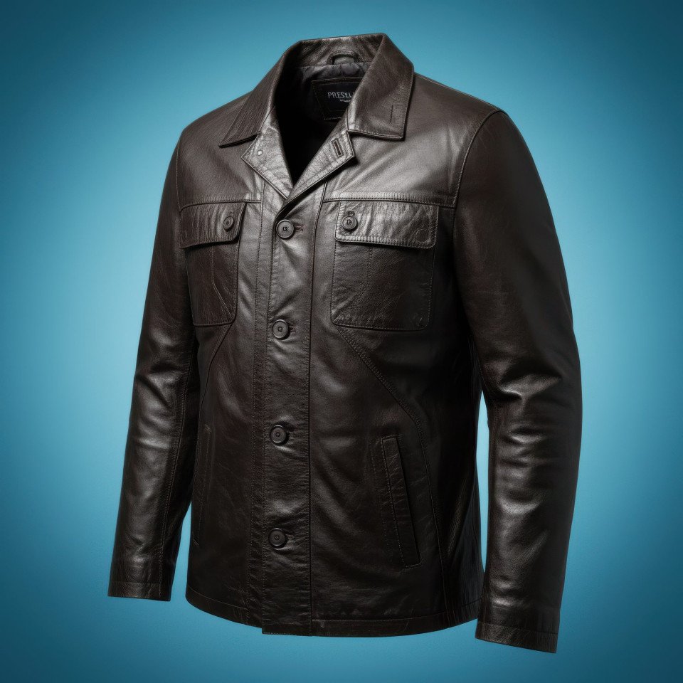 Leather jacket elevated view on blue gradient background google gemini prompt