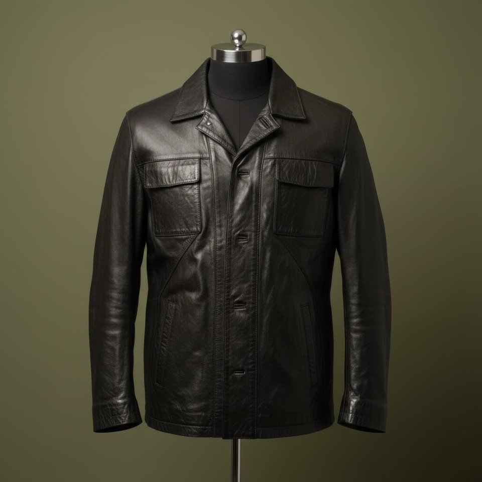 Leather jacket eye level on olive background google gemini prompt