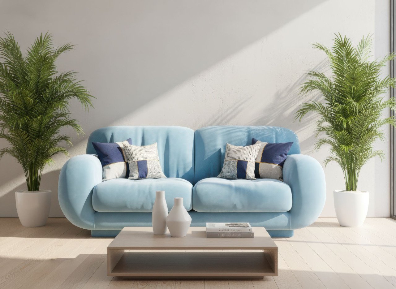Velvet sofa in contemporary living room with palm decor google gemini prompt