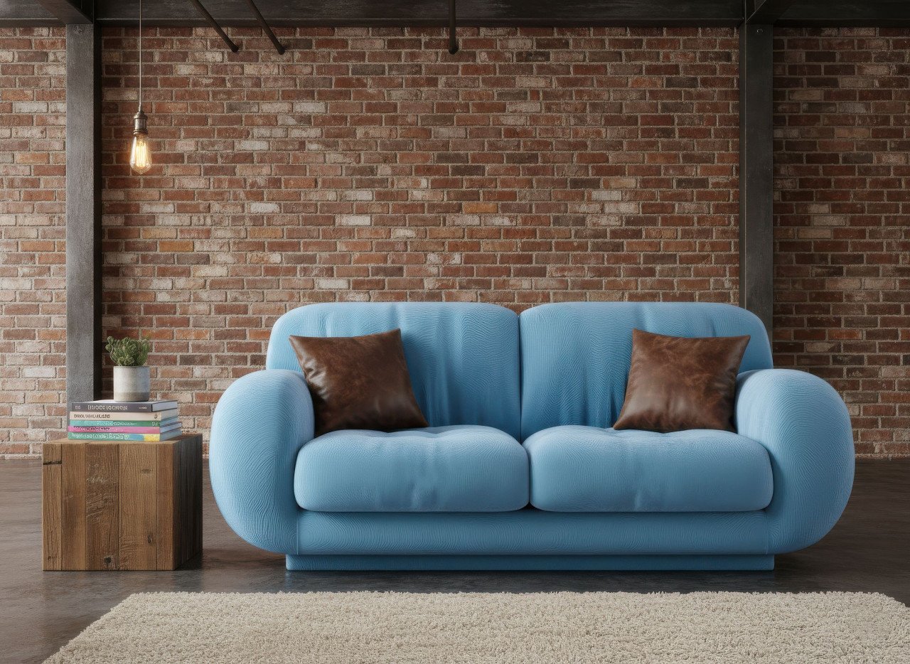 Velvet sofa in industrial loft with rustic decor google gemini prompt