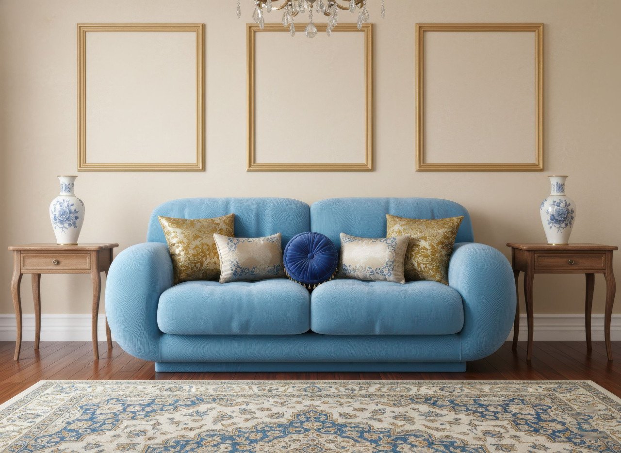 Velvet sofa in classic formal sitting room with elegant decor google gemini prompt