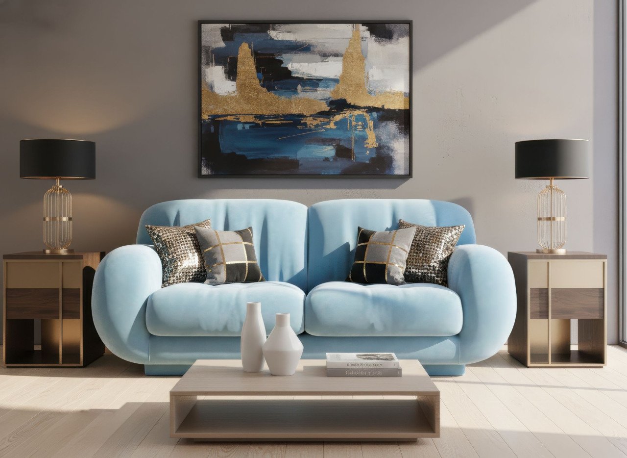 Velvet sofa in urban apartment lounge with modern accents google gemini prompt