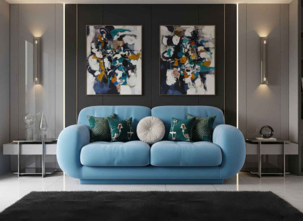 Velvet sofa in artistic loft with dramatic interior mood google gemini prompt