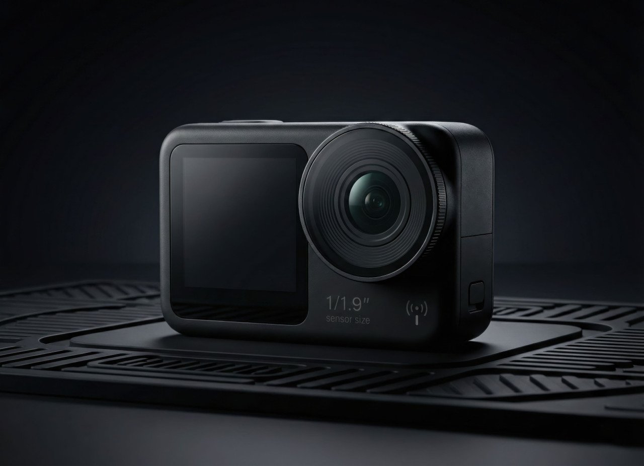 Action camera macro close up on black mat studio shot google gemini prompt