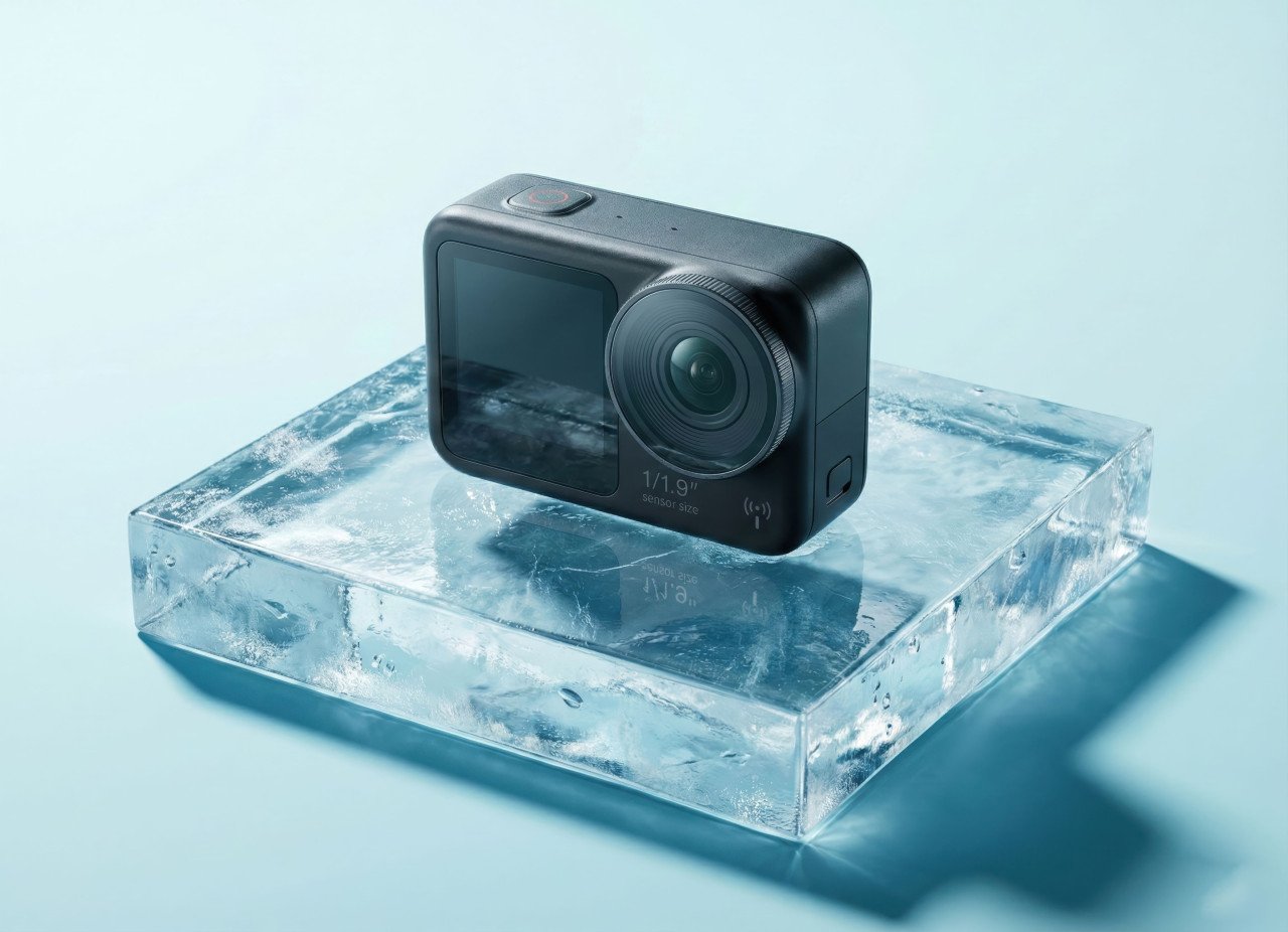 Action camera on ice acrylic modern tech display google gemini prompt