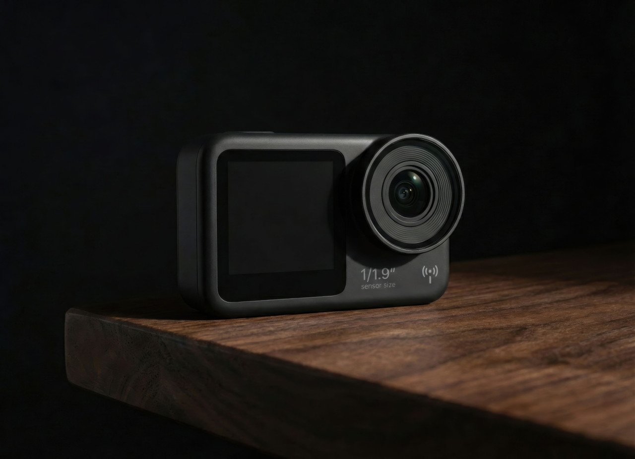 Action camera on walnut wood cinematic product shot google gemini prompt