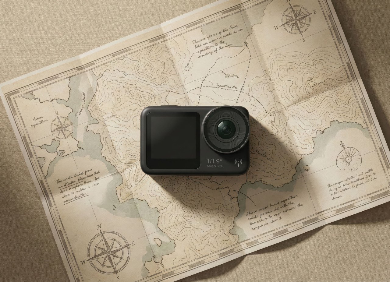 Action camera on travel map flat lay studio shot google gemini prompt