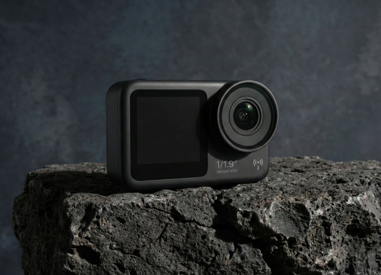 Action camera on volcanic rock rugged studio shot google gemini prompt