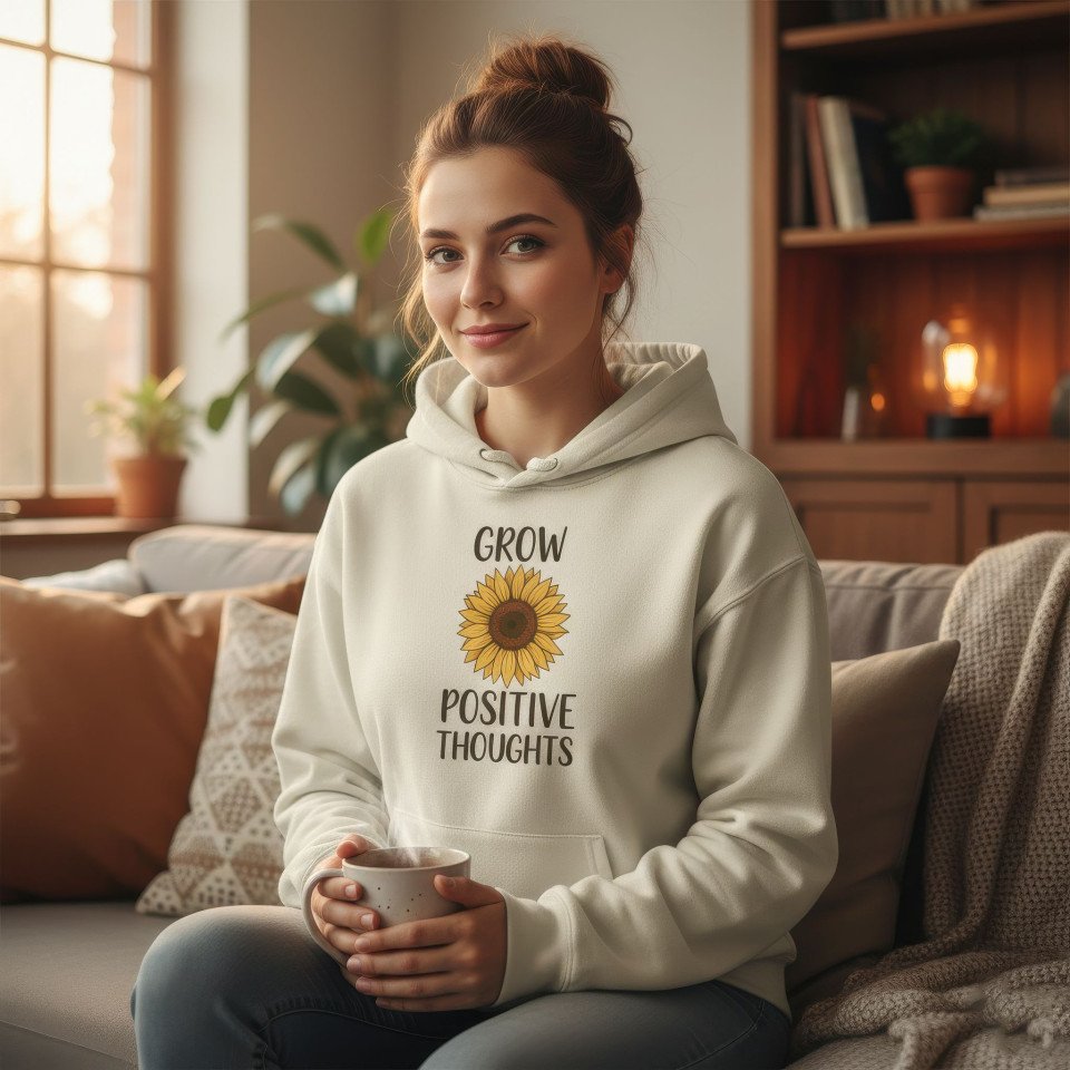 Hoodie lifestyle mockup on young woman in cozy living room google gemini prompt