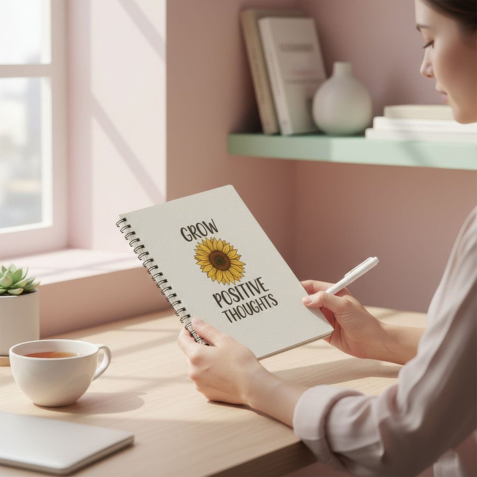 Notebook lifestyle mockup in minimalist home office google gemini prompt