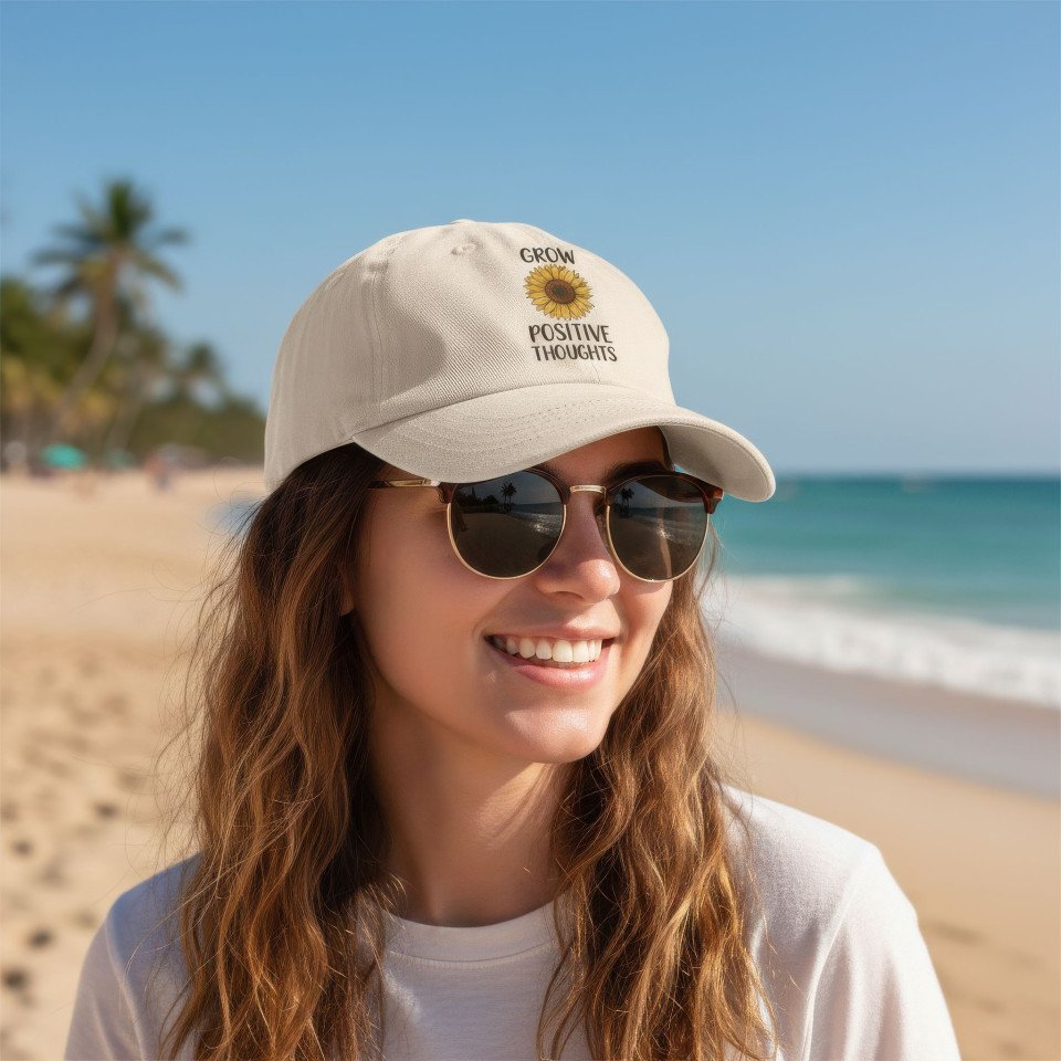 Cap lifestyle mockup on young woman at sunny beach google gemini prompt