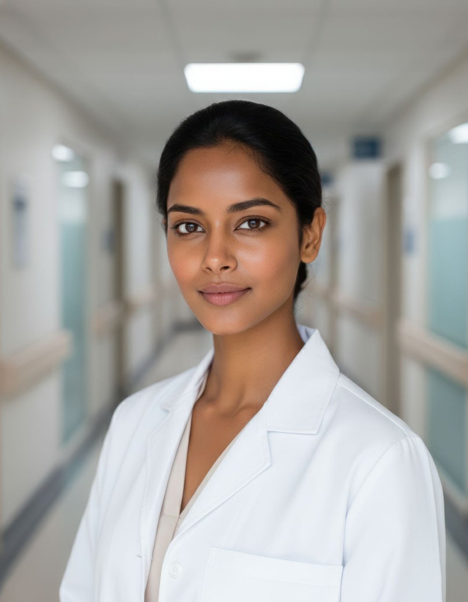 Medical researcher in hospital hallway sharp focus google gemini prompt