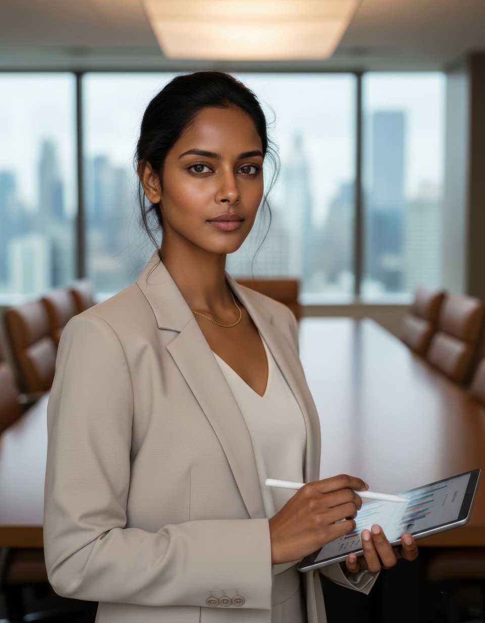 Financial analyst in corporate boardroom sharp focus google gemini prompt