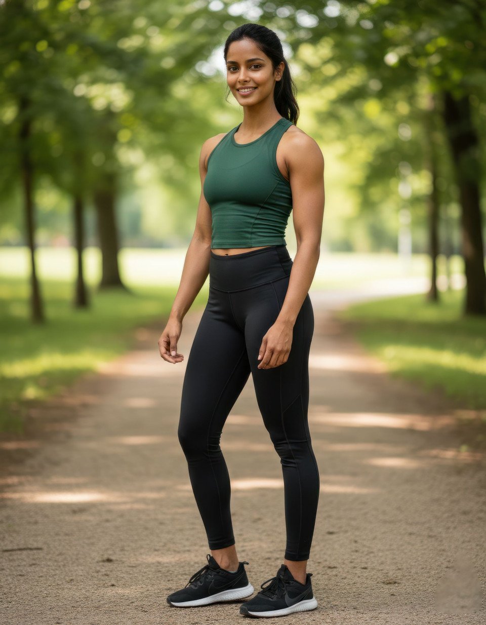 Professional fitness coach outdoors park path sharp focus google gemini prompt