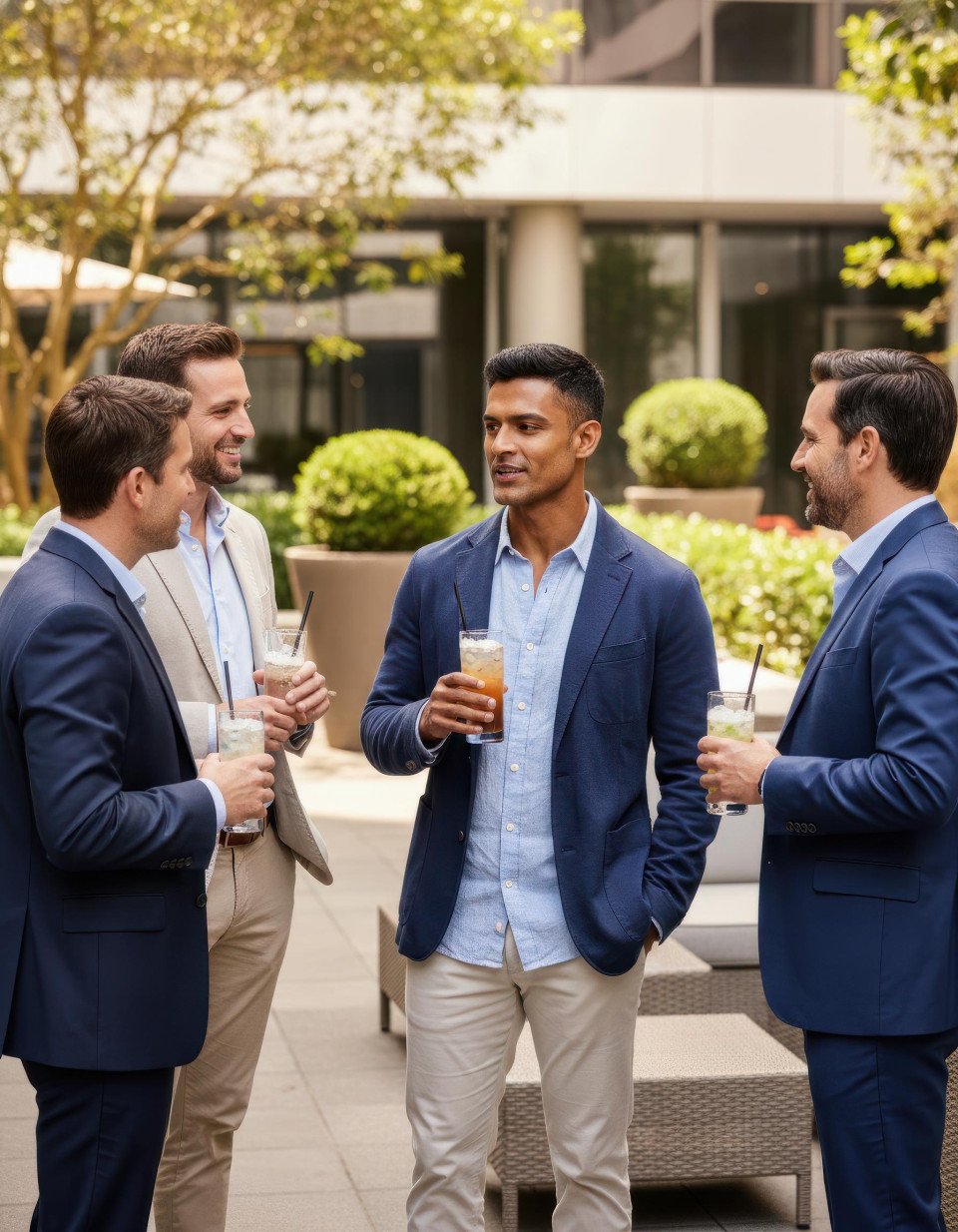 Outdoor corporate networking in business courtyard google gemini prompt