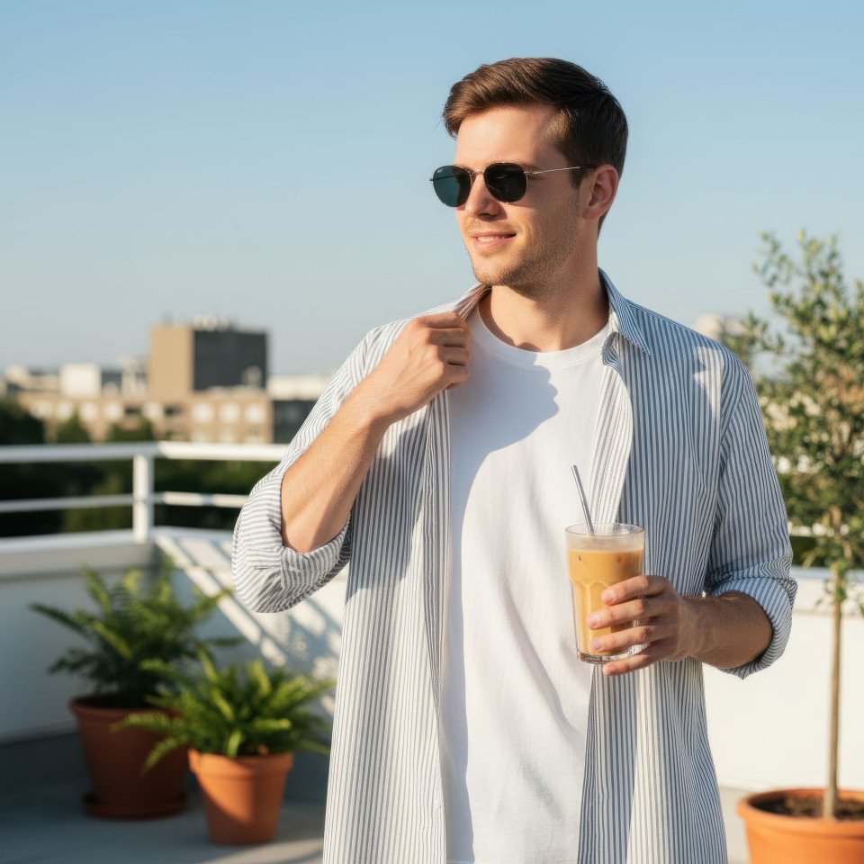 Young man wearing casual cotton shirt on summer morning google gemini prompt