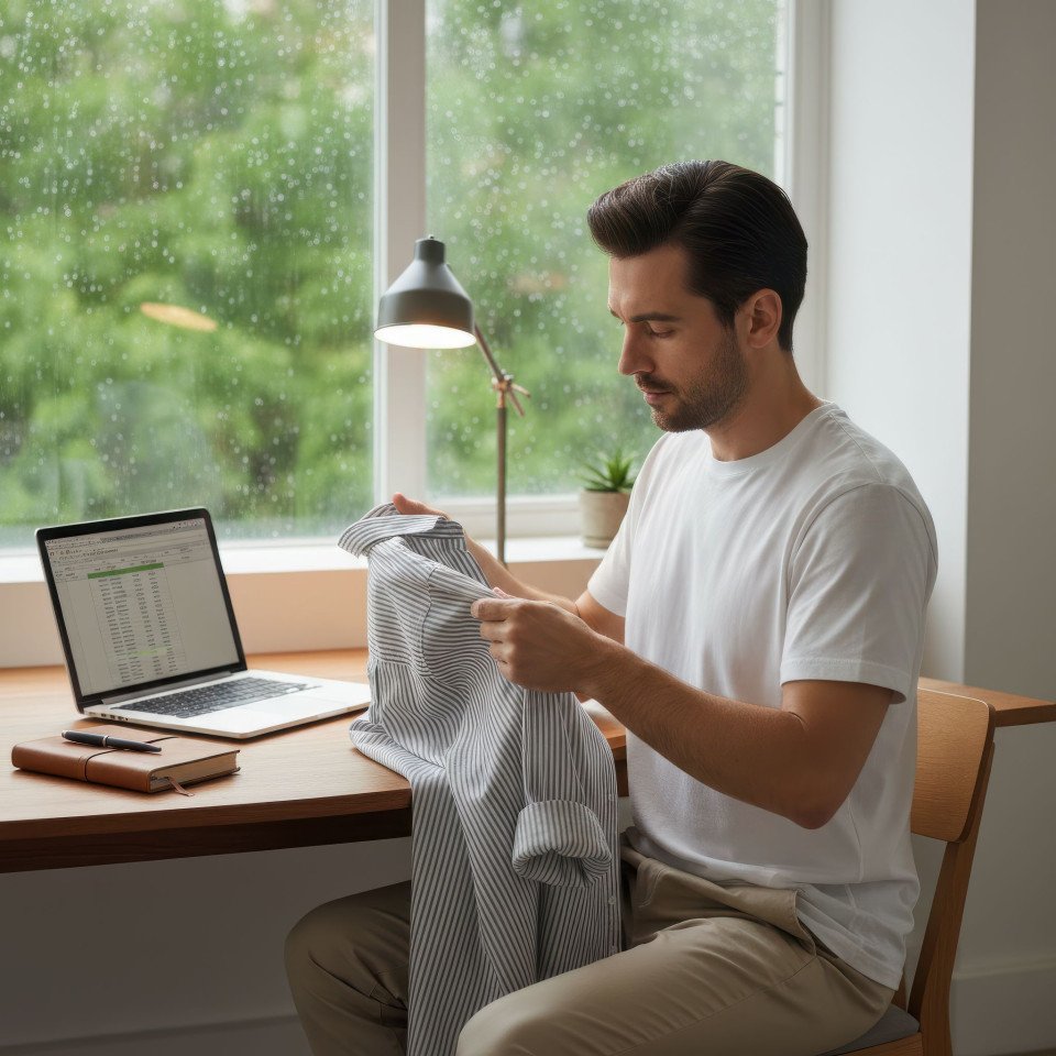Professional man wearing formal linen shirt at home office google gemini prompt