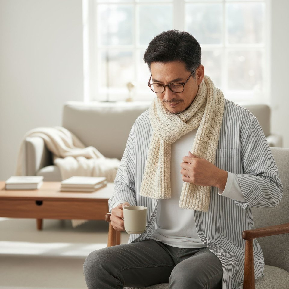 Middle aged man in full sleeve flannel shirt during winter day google gemini prompt