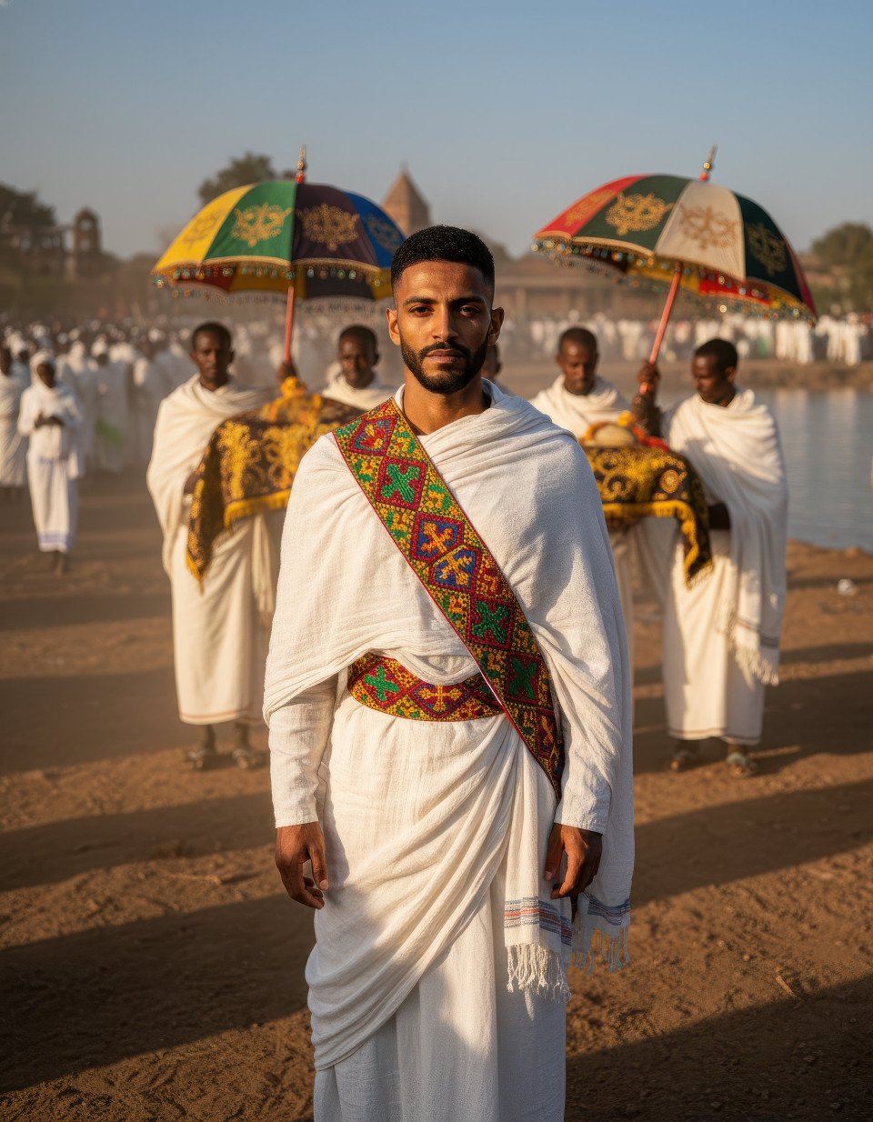Ethiopian man celebrating timkat by the lake google gemini prompt