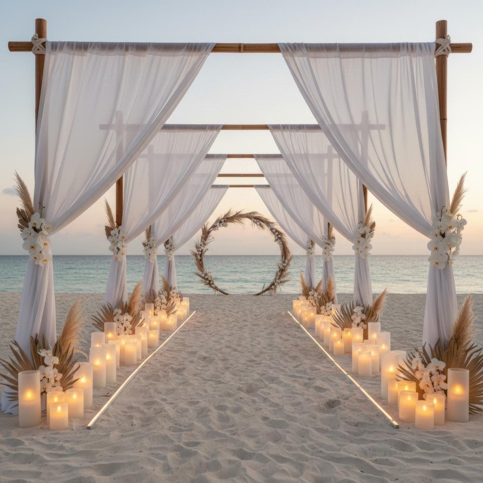 Minimalist beach wedding aisle decor google gemini prompt