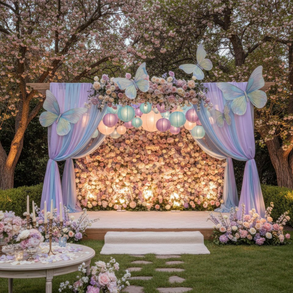 Pastel garden wedding reception stage decor google gemini prompt