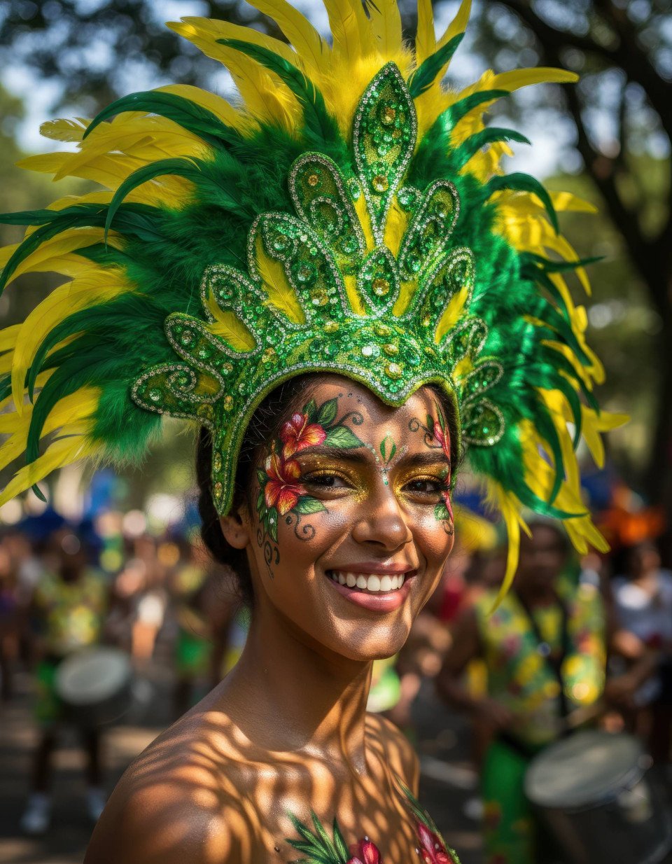 High octane brazilian carnival woman in green feather headdress google gemini prompt