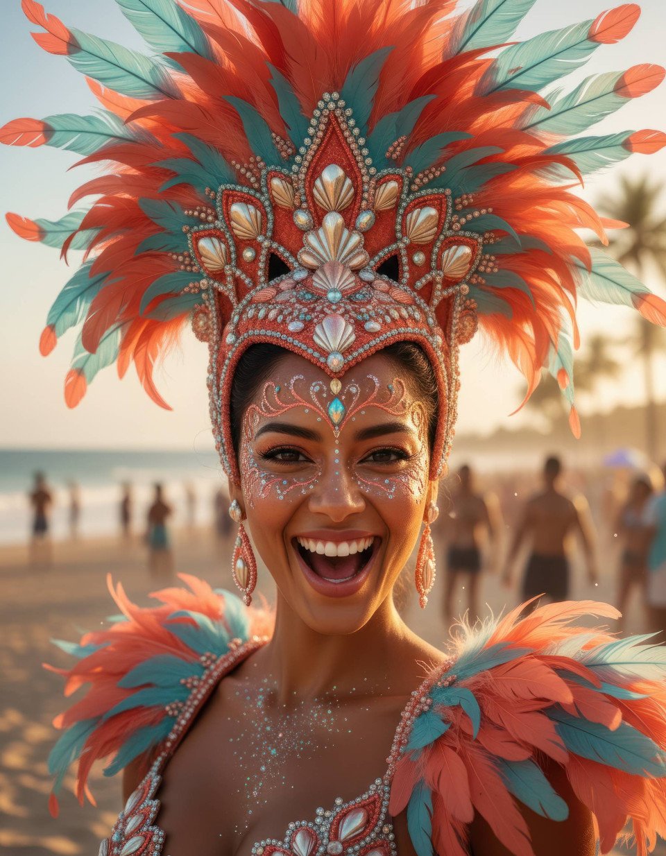 High octane brazilian carnival woman in coral feather headdress google gemini prompt
