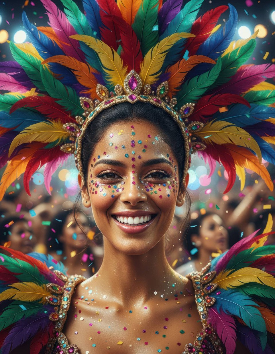 High octane brazilian carnival woman in rainbow feather headdress google gemini prompt