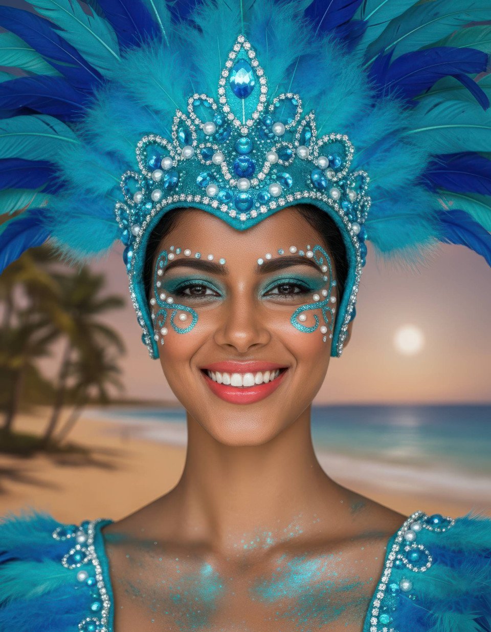 High octane brazilian carnival woman in turquoise feather headdress google gemini prompt