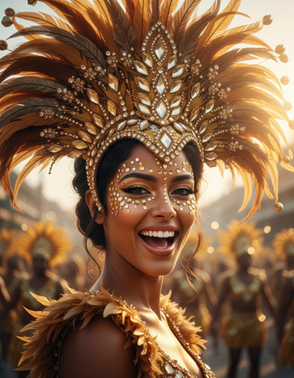 High octane brazilian carnival woman in gold feather headdress google gemini prompt