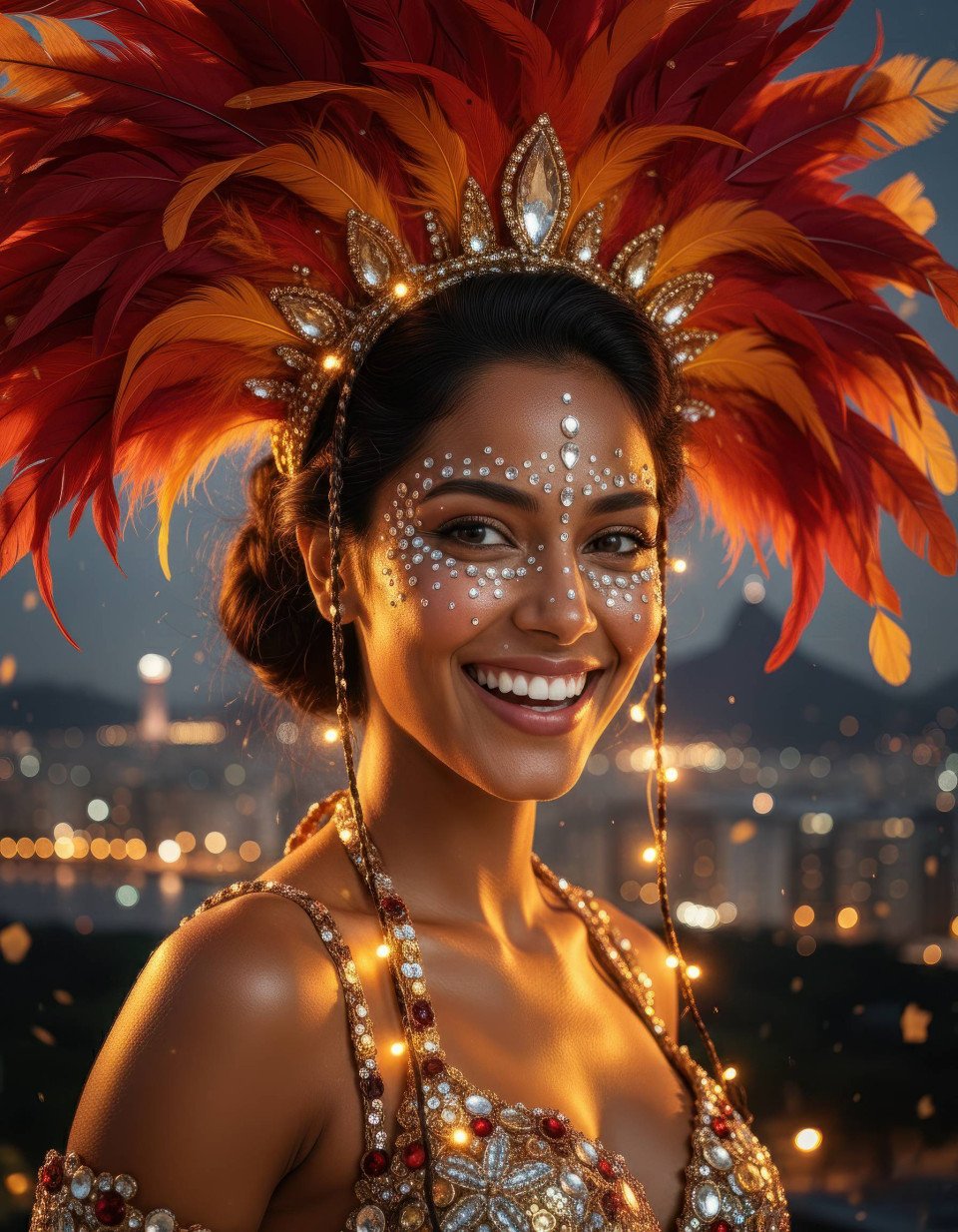High octane brazilian carnival woman in red feather headdress google gemini prompt