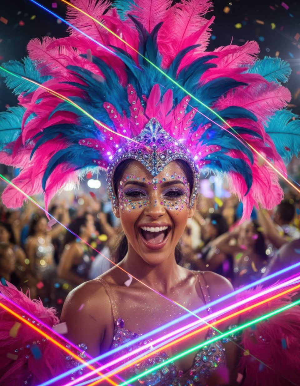 High octane brazilian carnival woman in neon pink feather headdress google gemini prompt