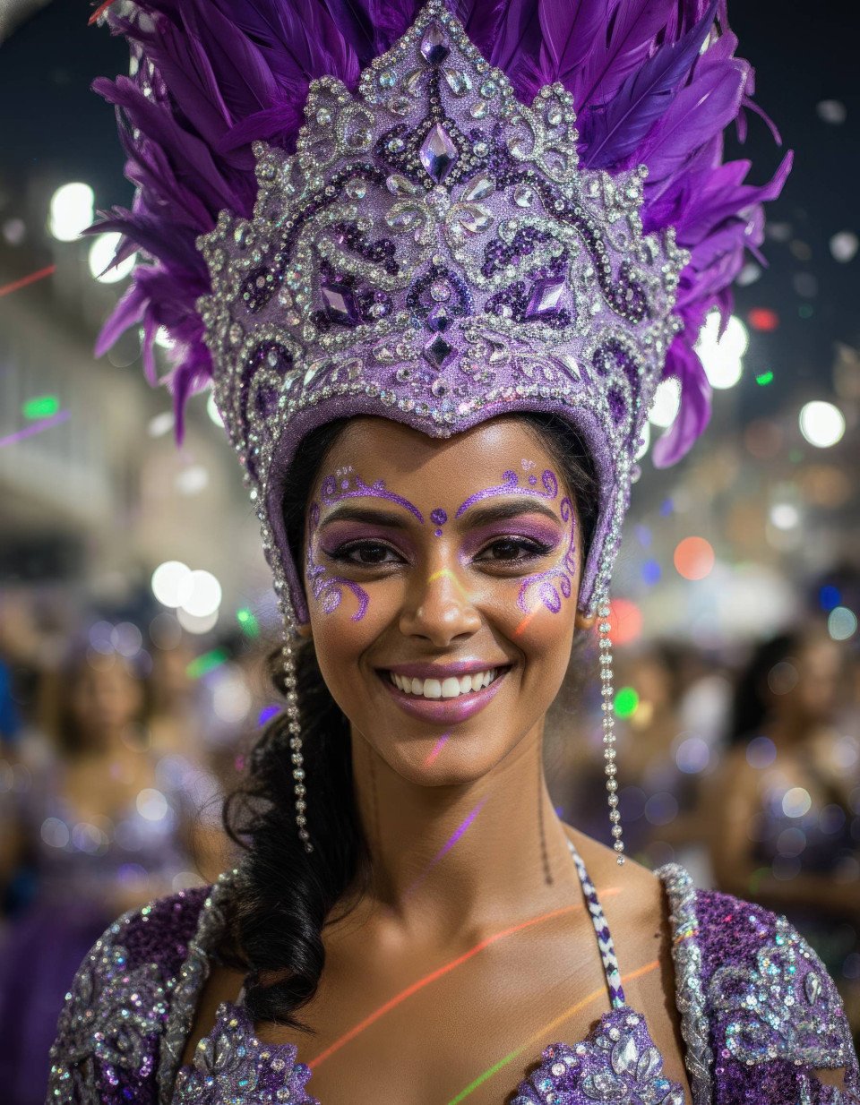 High octane brazilian carnival woman in violet feather headdress google gemini prompt