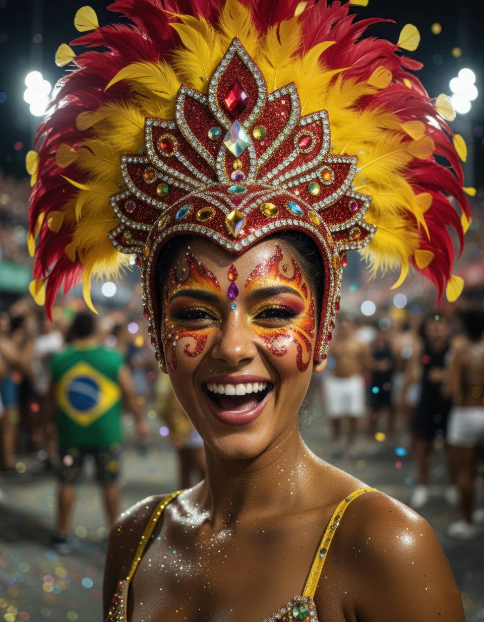 High octane brazilian carnival woman in crimson feather headdress google gemini prompt