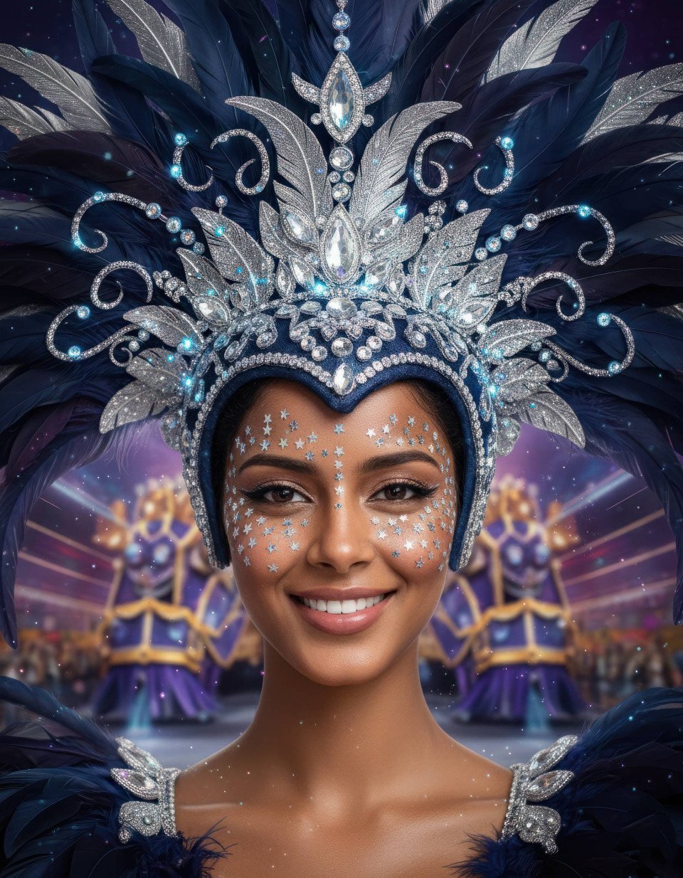 High octane brazilian carnival woman in silver feather headdress google gemini prompt