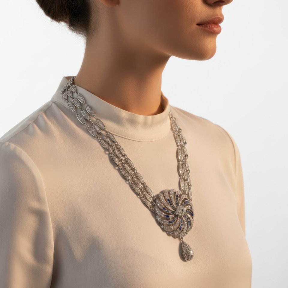 Silver necklace on woman side profile golden hour white background google gemini prompt