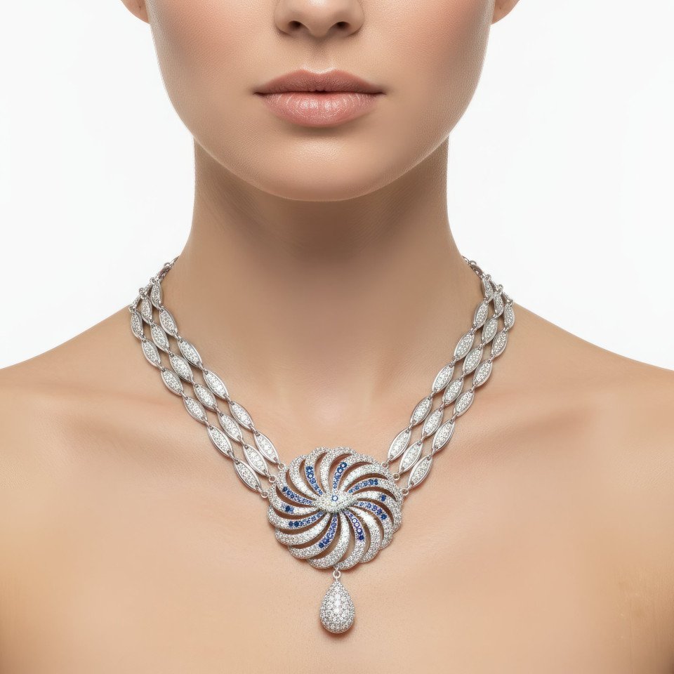 Premium fashion necklace on woman white background macro close up google gemini prompt