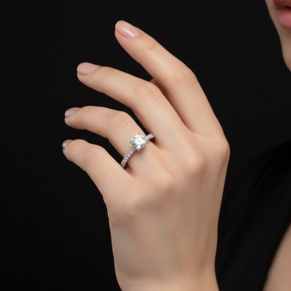 Modern editorial ring on girl black background 45 degree portrait soft light google gemini prompt