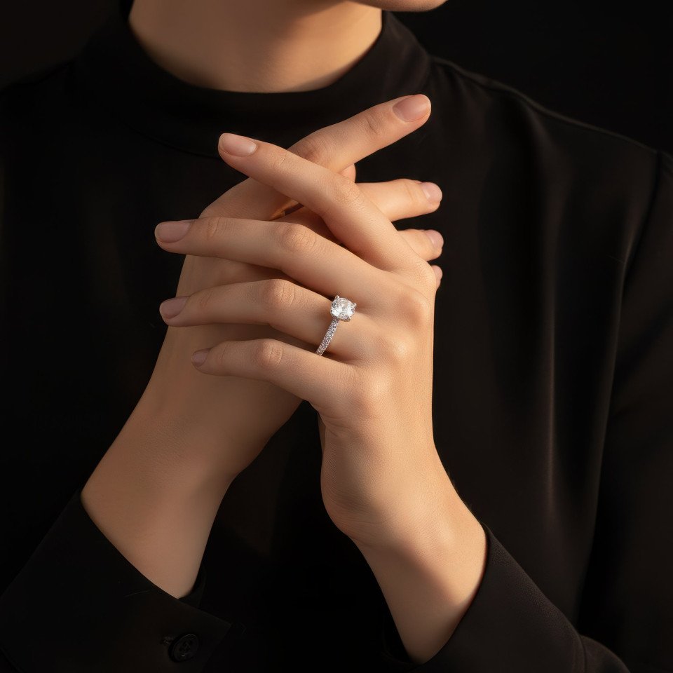 Platinum ring on young woman side profile golden hour black background google gemini prompt