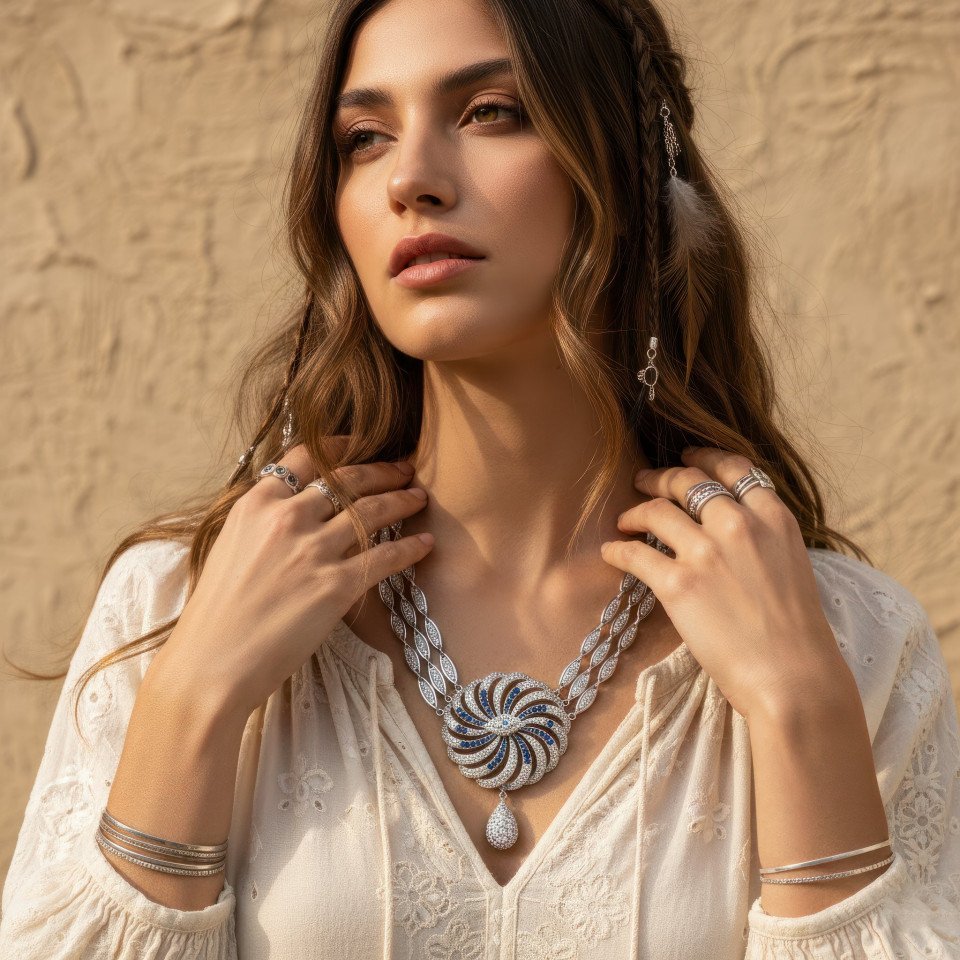 Boho chic necklace on girl low angle beige background google gemini prompt