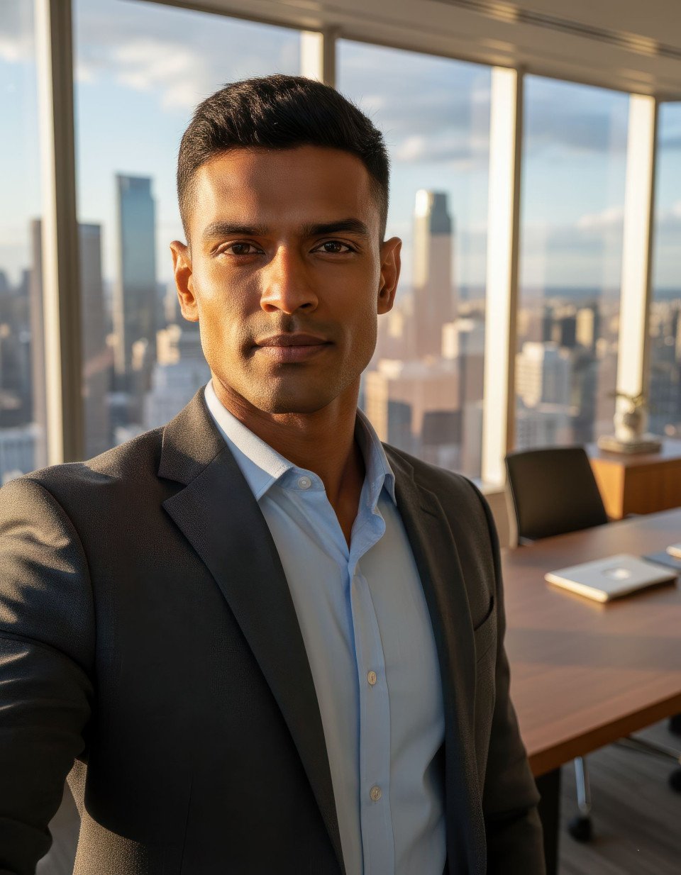 Executive selfie in high rise office with city view google gemini prompt