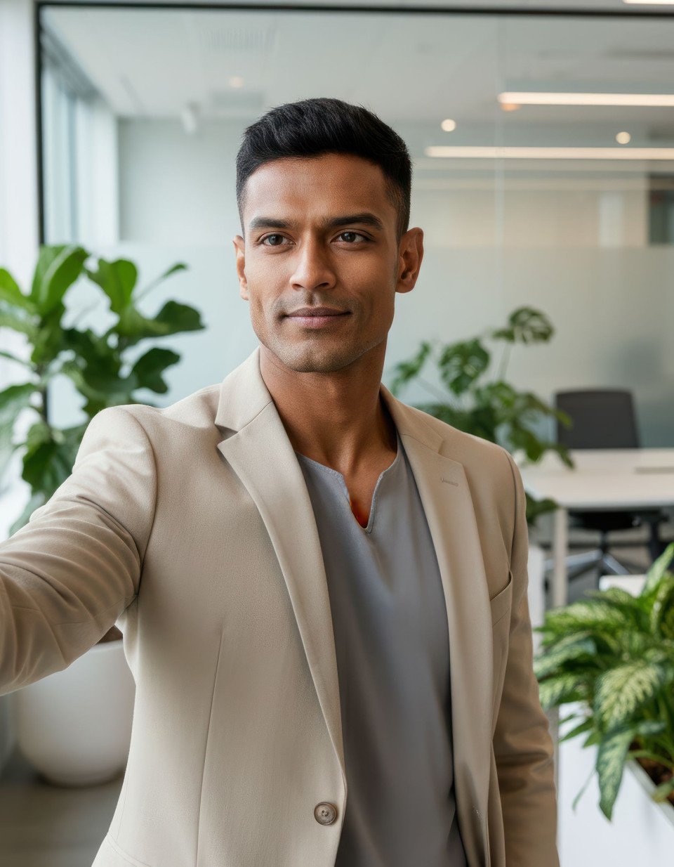 Business woman selfie in contemporary open office google gemini prompt