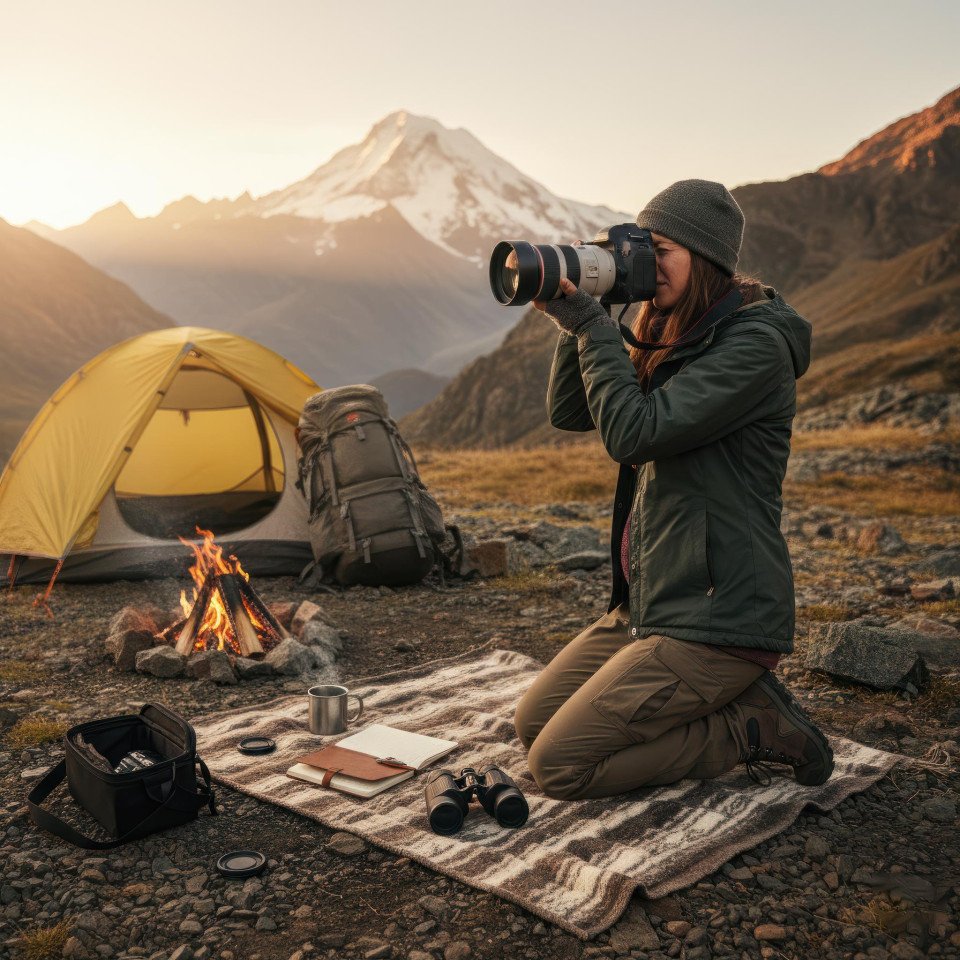 Adventure traveler using dslr camera at mountain campsite google gemini prompt